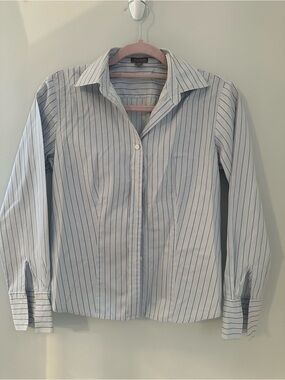 Ann Taylor Petite SP Blue White Striped Button Up Long Sleeve Top 100% Cotton